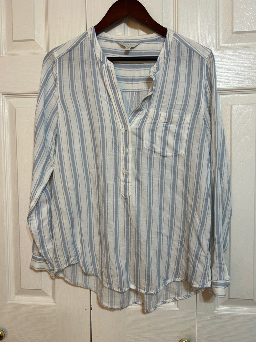 Light Blue & White Striped Women’s Grandad Collar Shirt